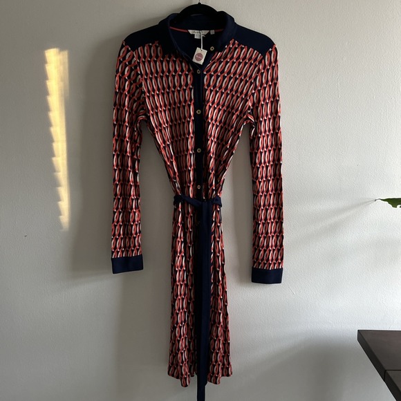 Boden Dresses & Skirts - Boden Jersey Midi Tea Dress Women's Size 6 Red Blue Geometric Print